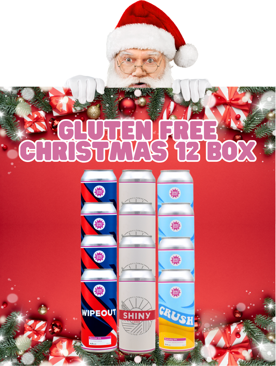 Santa Claus holding a gluten-free Christmas craft beer 12-pack with festive decorations on a red background. Shiny Brewery GF Gift Pack.
