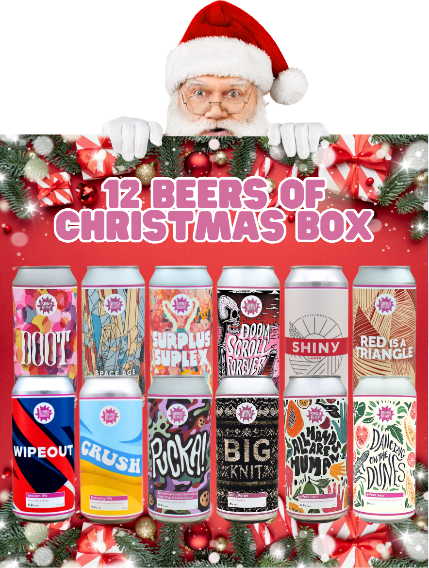 Promotional image for '12 Beers of Christmas Box' with Santa Claus and Shiny Brewery craft beer cans.