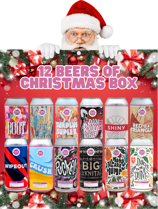 Promotional image for '12 Beers of Christmas Box' with Santa Claus and Shiny Brewery craft beer cans.
